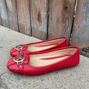 Michael Kors Women's Red Leather Flats Gold Accents Logo Shoe Size 6.5